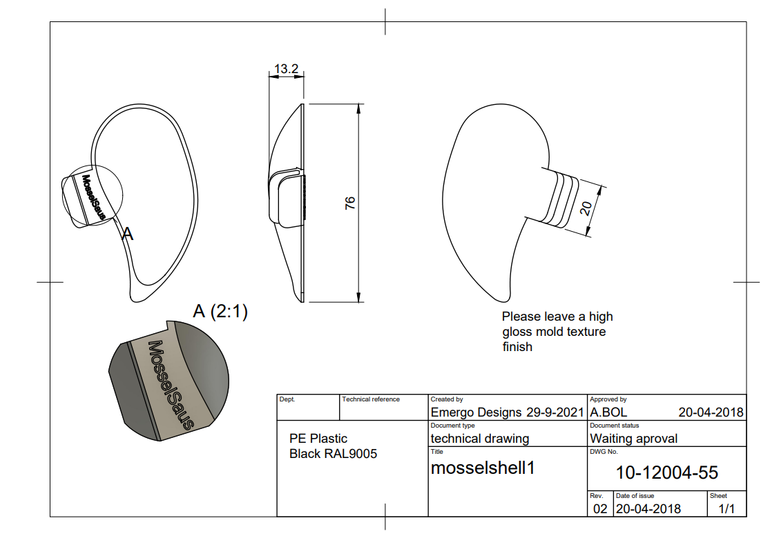 2d tekening voor mosselschelp product